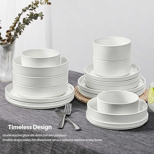 LIANYU 24 Piece Dinnerware Sets with Double Bowls, Ceramic Plates and Bowls Set for 4, Ribbed Stoneware Dishes for Home Kitchen, Microwave and Dishwasher Safe, Speckled White - Image 6