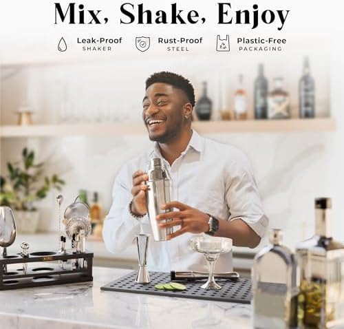 BARE BARREL® Mixology Bartender Kit Bar Set | 16-Piece Cocktail Shaker Set | Martini Barware Mixing Tools for Home Bartending | Incl. 35 Recipe Cards | Gift Set (24oz Cobbler Shaker, Silver/Black) - Image 3