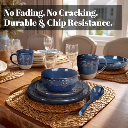 Artena 16-Piece Handcrafted Ceramic Dinnerware Set with Mugs, Service for 4 – Reactive Glaze Embossed Plates, Bowls & Mugs, Dishwasher & Microwave Safe, Blue, Multiple Patterns - Image 5
