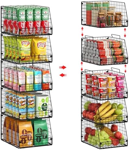 Jakyitvi 5 Pack XXL Stackable Wire Storage Basket, Extra Large Capacity Pantry Organizer and Storage, Muti-Purpose for Fruit Vegetable Basket & Toy Bin & Snack Organizer by Jakyitvi
