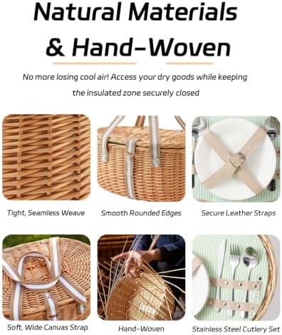 Picnic Basket for 2, Insulated Willow Hamper Set, Natural - Image 4