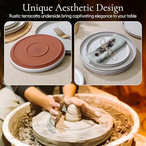 E-far Stoneware Dinnerware Sets for 8, 24 Pieces Reactive Glaze Plates and Bowls Sets, Elegant Dishes with Rustic Terracotta Clay Base, Dishwasher & Microwave Safe, Scratch Resistant, Glacier White - Image 4