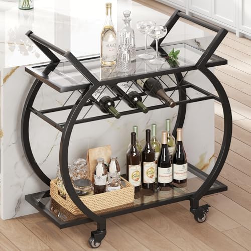 LVB Bar Cart with Glass, Black Bar Cart with Wheels, Home Bar Serving Cart by LVB