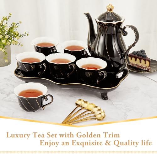 DUJUST 14 pcs Tea Set of 6 with Tea Tray & Spoons, Modern Diamond Design Tea/Coffee Cup Set with Golden Trim, Chic Porcelain Living Room Decor, Fine-china Teapot/Tea Party Set, Gift Package - Black - Image 2