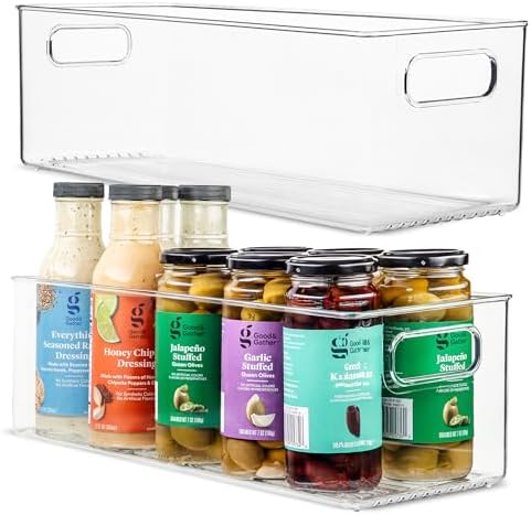 Plastic Food Storage 2 Pack Clear Container Bin with Handles for Organizing Kitchen, Pantry, Refrigerator, Freezer, Pantry, Cabinet, Closet, Bathroom. 16”x6”x5” by primebox