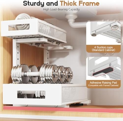2-Pack Under Sink Storage Organizer, Large 2-Tier Elegant Mesh Pull Out Shelf for Kitchen and Bathroom Cabinet Organization, L-Shaped and Adjustable Height Design for Maximum Space Efficiency-White - Image 6