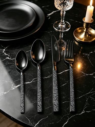 Black Silverware Set for 8 Modern Square Flatware Set Stainless Steel 32 Piece Cutlery Utensils Sets for Home Kitchen Restaurant Mirror Polished - Image 2