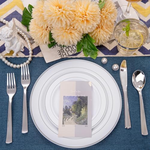 WELLIFE 600 Pcs Sliver Disposable Dinnerware for 100 Guests, Dinnerware Set of 100 Dinner Plates, 100 Salad Plates, 100 Spoons, 100 Forks, 100 Knives, 100 Cups - Image 3