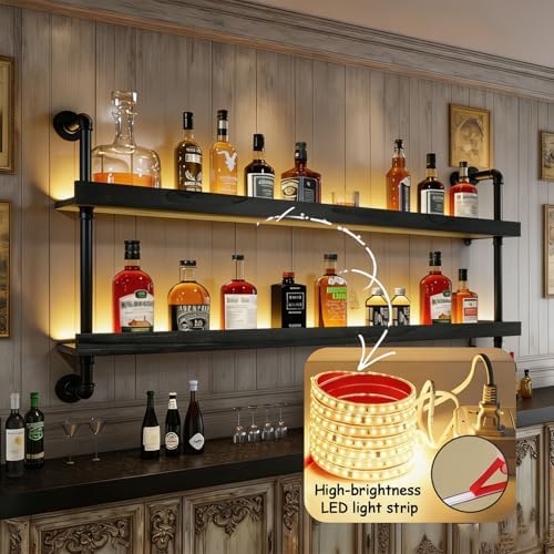 Wall Mounted Wine Rack with LED Light - 2-Tier Solid Wood Industrial Rustic Floating Shelves, Bottle Storage Organizer for Kitchen, Bar, Pub, Cellar, Home Bar (Black, 2-155cm/61in) - Image 4