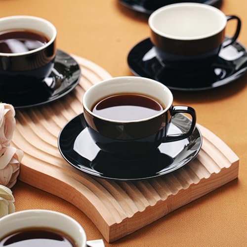 BTaT- Cappuccino Cups with Saucers 6 oz, Set of 6, Black Porcelain Coffee Cup and Saucer Set for Latte, Mocha, Tea, Au Lait, Flat White, Dishwasher, Microwave, Freezer and Oven Safe - Image 6