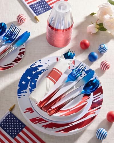 Goodluck 350 Piece 4th of July Red Blue Plastic Dinnerware Set - Image 4