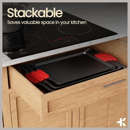 BAKKEN Kitchen Baking Pan Set - Nonstick Coating, Carbon Steel Bakeware Sets with Red Silicone Handles, Baking Kitchen Essentials, PFOA, PFOS, PTFE Free, Oven Safe Tray (Up To 450° F), Set of 18 - Image 6