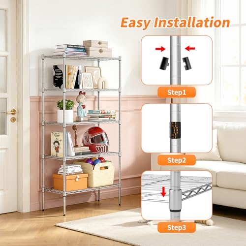BestOffice | 5-Tier Wire Storage Shelves with Wheels | 14 x 30 x 61 | Chrome | with Adjustable Racks | Heavy-Duty Metal Shelf, Holds Upto 1250 lbs | No-Tool Assembly | Ideal for Home & Garage Shelving - Image 5