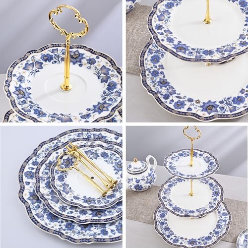 fanquare 3-Tier Elegant British Blue Floral Porcelain Cupcake Stand - Image 2