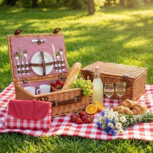 Multifunctional Wicker Picnic Basket Set for 2 Adults with Blankets & Cup - Image 5