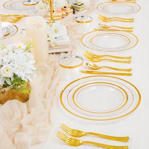 WELLIFE Clear and Gold Plastic Plates, Dinnerware Set for 75 Guests - Image 2