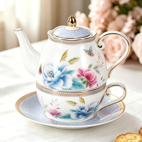 KAMMAK Tea for One Set, Ceramic Teapot, Bone China Tea Set, Cup and Saucer - Image 3