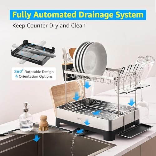 SUNLY 2 Tier Dish Drying Rack, Extra Large Dish Rack, Multifunctional Large Dish Drainers for Kitchen Counter, 304 Stainless Steel Kitchen Drying Rack, Bowl Drying Rack, Extendable Drain Spout, Black - Image 4