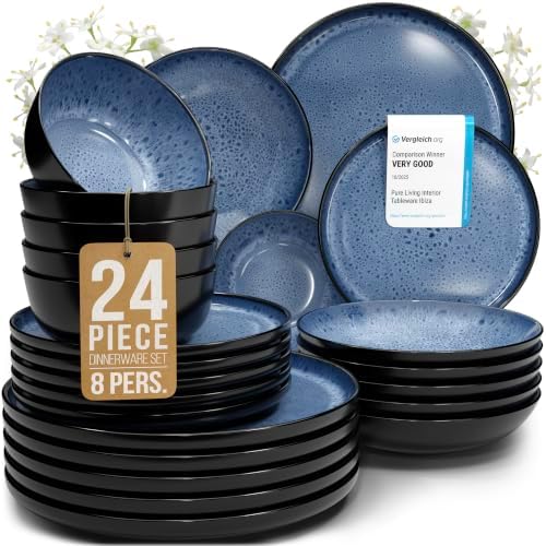24 Piece Stoneware Dinnerware Set for 8, Handcrafted Plates and Bowls Set by PURELIVING