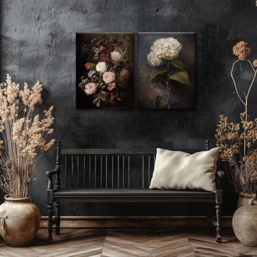 Doqueodas 2 pcs Vintage Floral Canvas Wall Art, Elegant Dark Rose Hydrangea Oil Painting Print Artwork, Rustic Farmhouse Classic Painting Poster Wall Decor, Suitable for Living Room Office12x16 inch - Image 2
