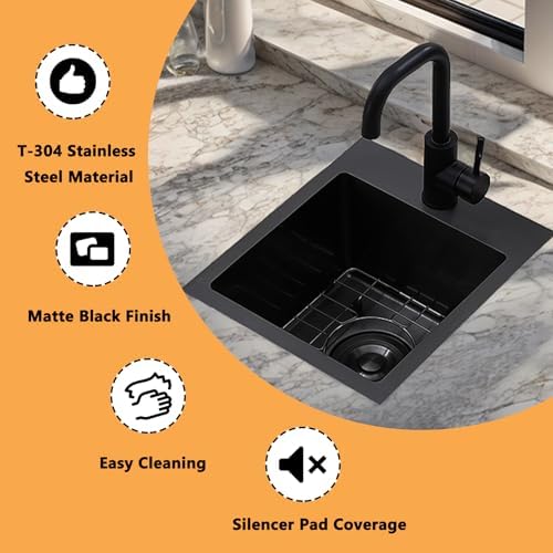 VAPSINT 13x15 Inch Black Drop In Bar Sink, Single Bowl Top Mount Handmade Gunmetal Black Wet Bar Prep RV Sink, 16 Guage Stainless Steel Outdoor Small Kitchen Sinks with Grid & Drain Strainer - Image 7