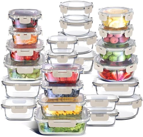 Nestl 48pc Glass Storage Containers with Lids, 24 Glass Food Storage Containers with 24 Airtight Lids for Pantry & Kitchen, Meal Prep Containers for Lunch, Oven Microwave & Dishwasher Safe, Cream by Nestl
