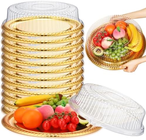 Nitial 12 Pcs Plastic Serving Trays with Lids, Round, Gold, 16 Inches by Nitial