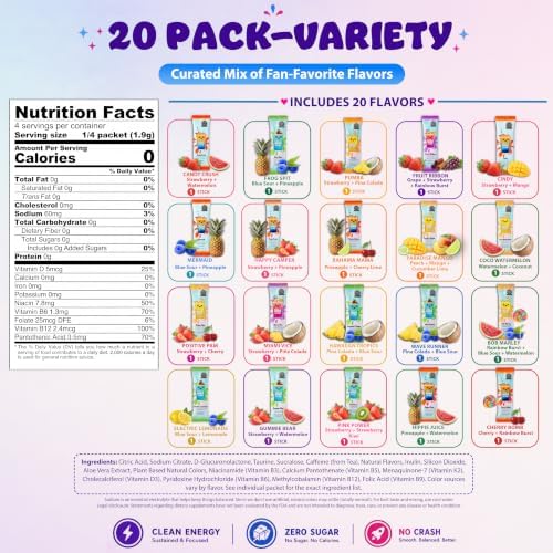 The Loaded Tea Shop Energy Drink Mix Sticks, Variety 20 Pack, Sugar-Free, Zero Calories, 200mg Natural Caffeine, No Artificial Colors/Flavors, Powder Packets w/B Vitamins - Energy Drink Alternative - Image 2