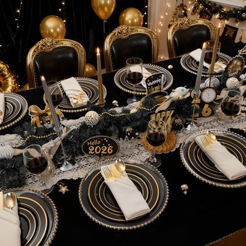 350 Pieces Black and Gold Plastic Plates with Disposable Silverware, Include 50 Dinner Plates 9”, 50 Dessert Plates 6.3”, 50 Black Cups 9 OZ, 50 Pre Rolled Napkins for Wedding/Party/Birthday/Halloween - Image 3