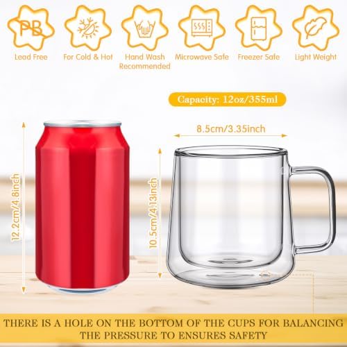 Patelai Glass Coffee Mugs Set of 4, 12 oz Clear Double Walled Coffee Cups Glasses Insulated Latte Mugs with Handle Espresso Clear Cups for Hot and Cold Beverages - Image 2