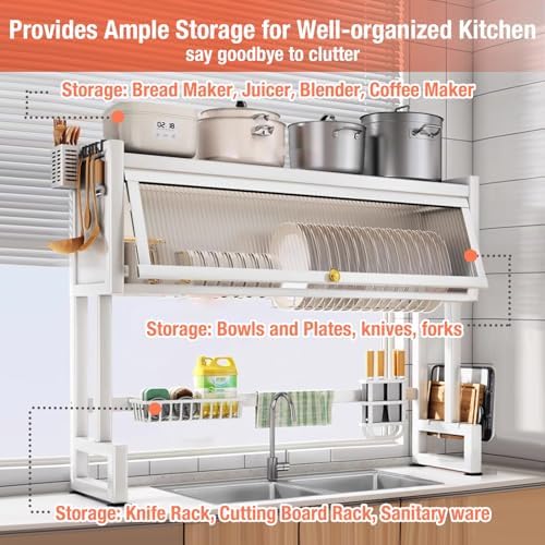 Hdrriozu Over the Sink 3 Tier Dish Drying Rack with Cover, Milkshake White - Image 3