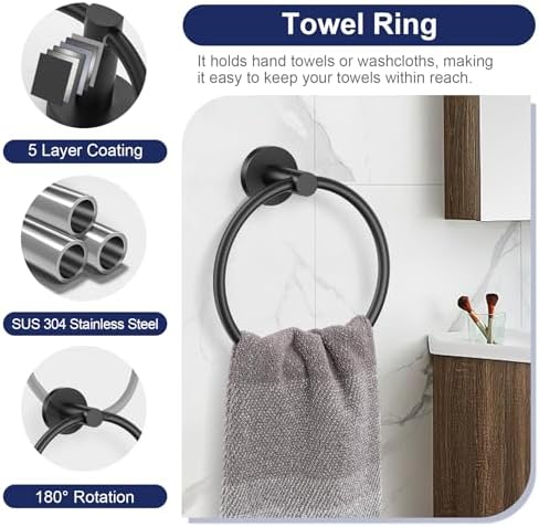 Lairuier Bathroom Hardware Set Matte Black, Towel Holder Set Wall Mounted - Image 3