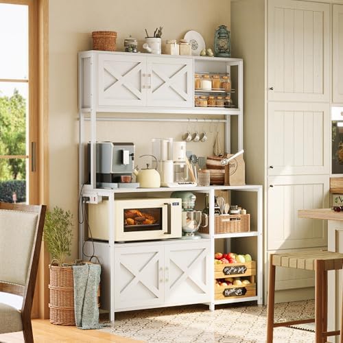 Huuger Large Bakers Rack with Power Outlet, Kitchen Microwave Stand with Cabinets, Coffee Bar Table Station with Storage, 6 S-Shaped Hooks, Mesh Shelves, 45 Inch Wooden Top, White - Image 2