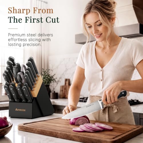 Knife Set,Astercook Kitchen Knife Set with Block 22-Piece Full Tang Stainless Steel Knives with Sharpener Dishwasher Safe and Anti-Slip Ergonomic Handle Elegant Black Utensils Set - Image 2
