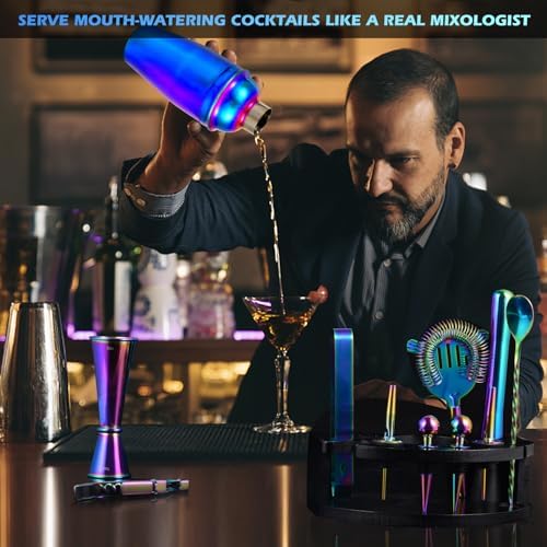Safring Bartender Kit with Stand, 12-Piece Bar Set | 24oz Cocktail Shaker Set for Drink Mixing, Martini Shaker Set with Bar Tools, Recipes Booklet | Fun Housewarming Gift (Rainbow) - Image 3