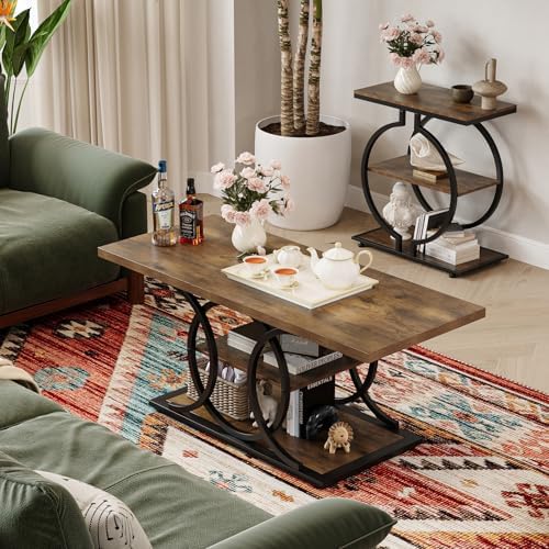 GiftGo Rustic Coffee Table with Storage Industrial 3 Tier Center Living Room Table Farmhouse Wooden Rectangle Cocktail Tea Table for Office Bedroom Elegant Full Moon Round Metal Frame (Brown, L-47) - Image 6