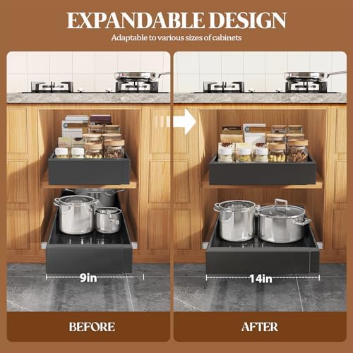 Seinloes 4 Pack Expandable Pull Out Cabinet Organizer 21" Deep With Raising Pad for Framed Cabinets,Upgrade 3 Slide Rails Slide Out Drawers,No Drill Roll Out Shelves,Adjustable Width 9"-14" Black - Image 5