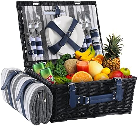 Wicker Picnic Basket for 4 with Blanket Grey & White Stripe by HYBDAMAI