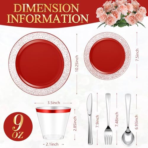 Norme 300 Pieces Disposable Plastic Dinnerware Set, 100 Plastic Plates, 150 Knives, Forks and Spoons with 50 Rimmed Cups for 50 Guests Wedding Party Supplies(Red Silver) - Image 2