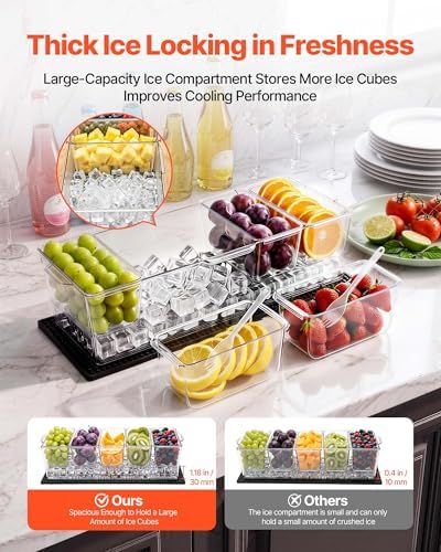 VEVOR Chilled Condiment Server Caddy, 5 Compartment Ice Cooled Serving Container, Plastic Fruit Garnish Tray Platter with Separate Lid, for Taco Salad Bar Accessories, Party Home Restaurant Supplies - Image 2