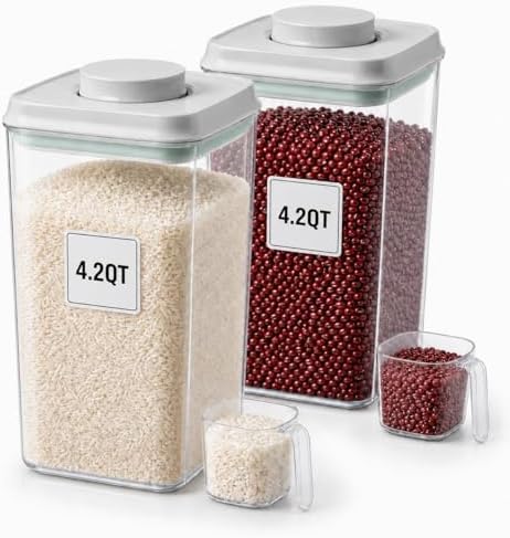 POP Airtight Flour-Rice Food-Storage Container - 4L/4.2Qt Jar with Lid(2Pc) and 3.3Oz Scoop(2Pc) | BPA-Free | Perfect for Storing Grains, pasta, Snacks | Stackable and Durable by USYOGO