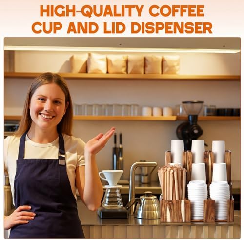 CroBlissful 9 Compartment Acacia Wood Vertical Coffee Cup and Lid Dispenser - Image 6