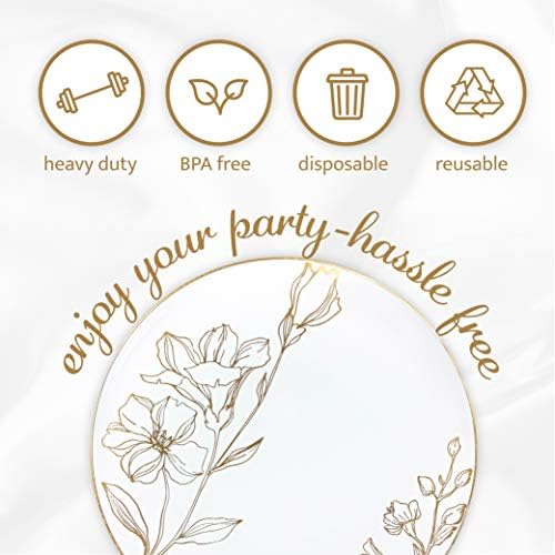 [9'' Plates 10 Count] White Plastic Floral Design Party Dinner Plates With Gold Rim Premium heavyweight Elegant Disposable Tableware Dishes - Image 7