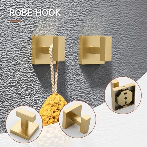 TQKAG Brushed Gold Bathroom Hardware Accessories Set 10 Pieces, 23.6" SUS304 Stainless Steel Towel Bar Set Wall Mounted Includes Single Towel Bar, Towel Ring, Toilet Paper Holder, Double Towel Hooks - Image 5