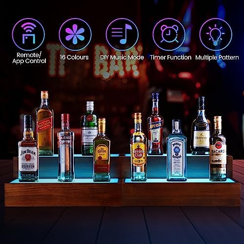 2 Pack LED Liquor Bottle Display Shelf , 2 Tier Real Wood Bar Shelves for Liquor Bottles, Lighted Bar Bottle Display Shelves with Remote, Bottle Organizer for Home Bar, Holds Up to 20 Bottles - Image 3