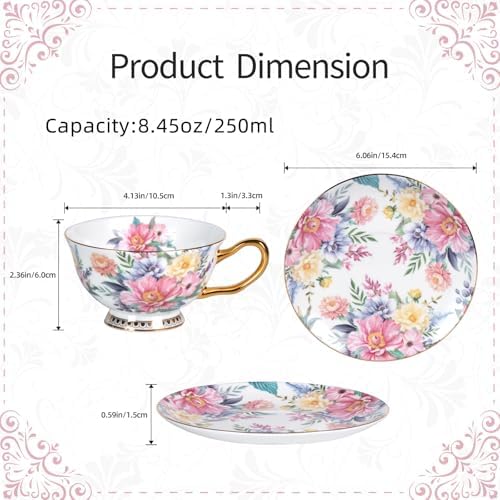 KAMMAK Tea Cups and Saucers Set of 2, Porcelain Coffee Cups, JBE018 - Image 2