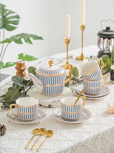 CwlwGO-15 Piece Bone China Tea Cups Sets,British Cups and Saucers Service for 4,Tea/Coffee Cup Set with Teapot Sugar Bowl Cream Pitcher Spoon,Gifts Box. - Image 4