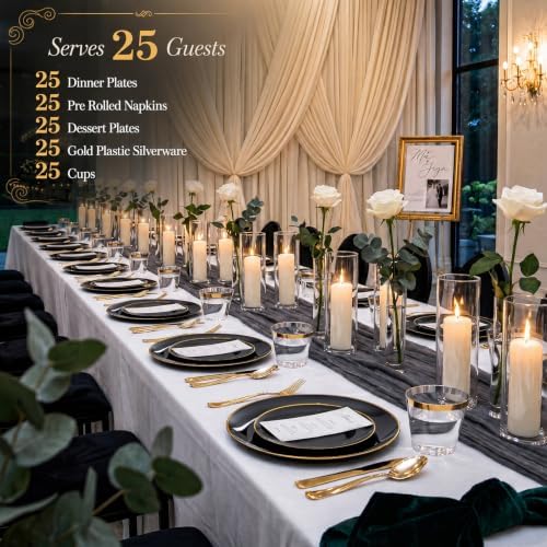 KIRE 175Pcs Black Plates Disposable - Heavy Duty Black and Gold Plastic Plates- 25 for Dinner 25 for Dessert 25 Pre Rolled Gold Silverware and 25 Cups for Party/Wedding/New Year/Halloween - Image 6