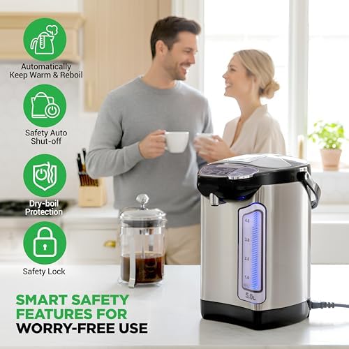 NutriChef Electric Water Boiler and Warmer - 5L/5.28 Qt Stainless Steel Hot Water Dispenser w/Rotating Base, Keep Warm Temperature Set, Auto Shut Off, Safety Lock, Instant Heating for Coffee & Tea - Image 5