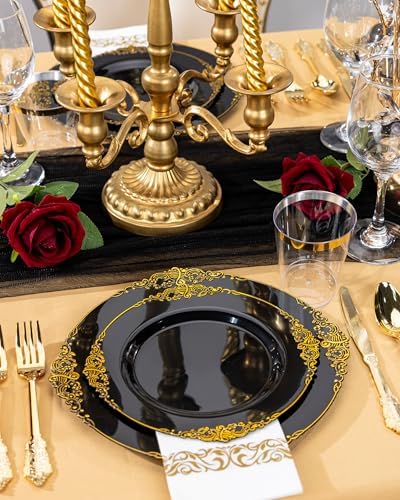 Nervure 350Pcs Black Plastic Plates, Plastic Dinnerware Set for 50 Guests - Image 3